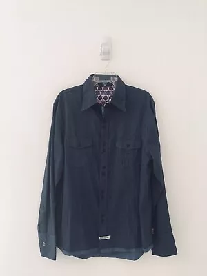 John Lennon English Laundry Shirt Lg Blue Stripe Floral Cuffs Embroidered Peace • $29