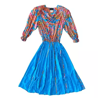 Diane Freis 100% Silk Vintage 80s Dress Boho Gypsy Paisley Colorful Maxi Small • $103.92