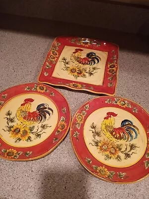 (3) Maxcera Red Rooster 8 1/4  Salad Plates-Sunflowers Ruffled 9  Square Plate  • $18.90