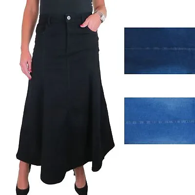 Womens Long Cotton Stretch Denim Skirt A Line Flared Jean Maxi Skirt 12-22 • $36.10