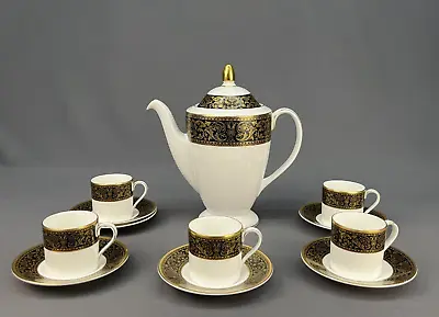 Vtg Minton Grandee Coffee Or Tall Tea Pot W/ 5 Demitasse Cups; Gilt Black • $149