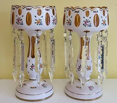 Bohemian White Cased Cut To Peachy/Pink Glass W/ Crystal Prisms Mantle Lusters • $424.99