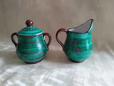 Vintage PV Peasant Village Italy Pottery Cream And Sugar Set Dark Green & Brown • $19.62