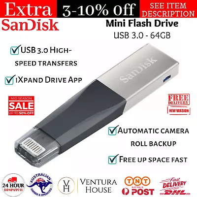 64GB IXpand Mini Flash Drive USB Memory Stick IPhone Photo Video File Storage • $68.77