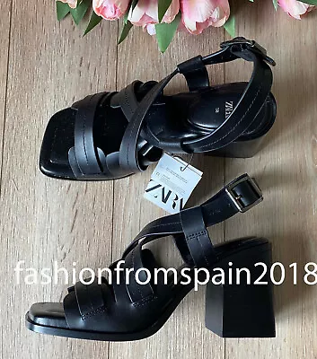 Zara New Woman Leather Sandals With Block Heel Black 35-42 1308/310 • $129.88