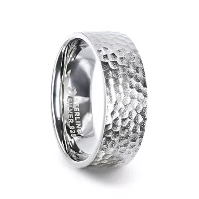 Silver Flat Men's Wedding Band With Hammered Finish - 8mm New • $259.99