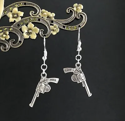 Fun Revolver Gun Pistol Dangly Earrings - Western Fancy-Dress Gangster Cowgirl • £4.25