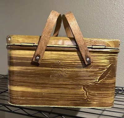 Tan & Brown WOOD LOOKING Litho Metal Picnic Basket Farmhouse Tin ~ 14 X 10 X 8  • $24.99