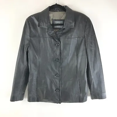 Versace Leather Couture Womens Jacket Vintage Button Front Black XL • $299.99