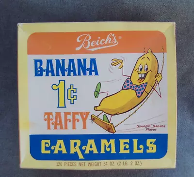 VTG 1960s PAUL F. BEICH CO BEICHS BANANA TAFFY CARAMELS 1 CENT CANDY DISPLAY BOX • $33