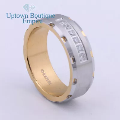 Men's Stainless Steel Two Tone CZ Micro Paved Engagement Ring Band Size 8-13 *71 • $13.99