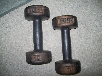 Vtg YORK BARBELL 10s DUMBBELLS  ROUNDHEADS  BodyBuilding STRONGMAN Fitness IRON • $60