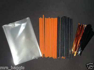 50 X 4.5  Orange & Black Halloween Cake Pop Kit Lollipop Kit  Sticks Bags & Ties • £4.99