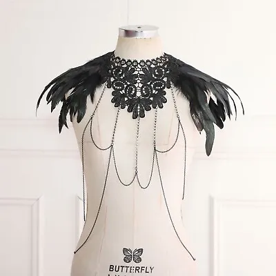 Unisex Shrug Lace Cape Cosplay Feather Collar Rhinestone Chains Shoulder Wrap • $5.69