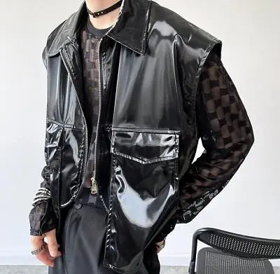 Punk Gothic Mens Vest Lapel Loose Black Faux Leather Sleeveless Jackets Vest Top • $62.38