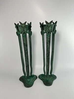 $28.99 • Buy Vintage Verdigris Candle Holder Matching Pair 2 Dragon Tall 12” Green Patina