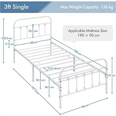 Single Metal Bed Frame With High Headboard And Footboard Strong Metal-Framed Bed • £35