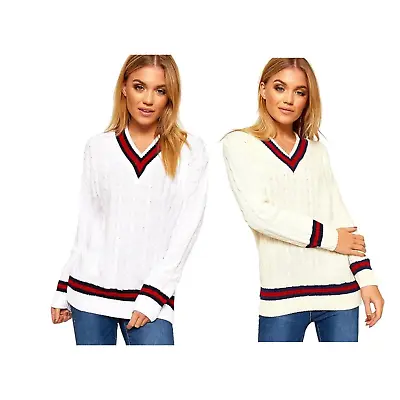 Ladies Knitted V Neck Cable Cricket Jumper Long Sleeve Womens Striped Top • £13.99