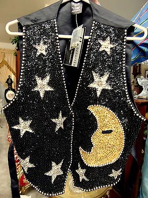 NWT Celestial MOON & STARS Sequin Beaded Black Vest HM Indonesia M -LAST ONE! • $60