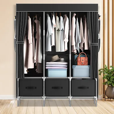 Canvas Wardrobe +Hanging Rail Shelve & 3 Storage Drawers Fabric Clothes Cupboard • £31.99