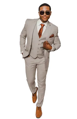 Slim Fit Tan 3 Piece Vested 2 Button Windowpane Notch Lapel By AZARMAN 16308 NEW • $119