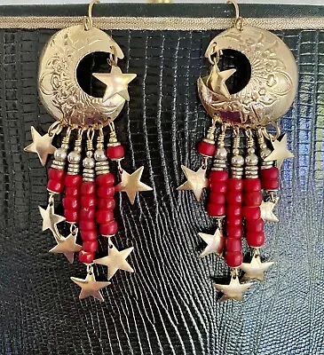 Signed Tabra 14k GF Crescent Moon & Star Red Carnelian Beads Celestial Earrings • $355