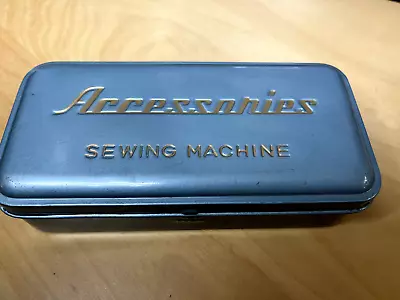 Sewing Machine Accessories Tin Vintage Metal Box Hinged Lid Blue Filled W/stuff • $9