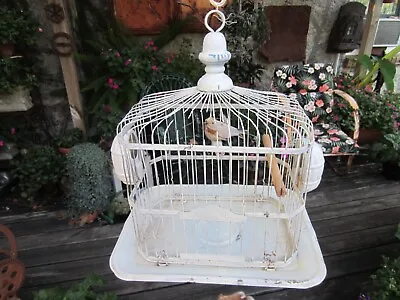 Antique EARLY HENDRYX Metal Bird Cage W/2 MILK GLASS Feeders Chippy White Paint • $94