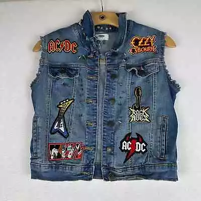 DIY Old Navy Rock Spikes Blue Jean Jacket Vest Youth Girl XL 14 Ozzy AC/DC Patch • £17.07