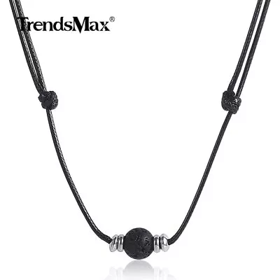Black Lava Rock Man-made Leather Rope Choker Necklace Adjustable 35-70inches • $4.99