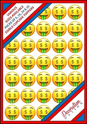 35 X Money Face Emoji Edible Wafer Cupcake Cake Toppers 6 15 24 Cash Dollar Fun • £3.49