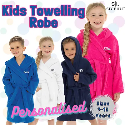 Personalised Unisex Kids Cotton Terry Towelling Dressing Gown Bath Robes Hooded • £16.99