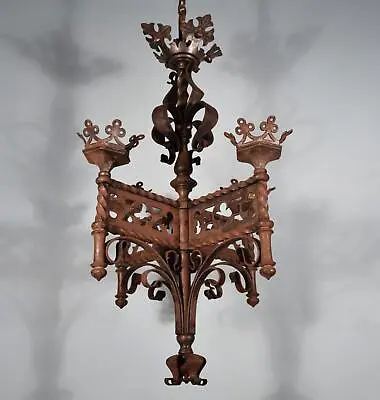 Antique Gothic French Iron Chandelier Pendent Hanging Lamp • $675