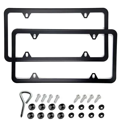 2Pcs Black Stainless Steel Metal License Plate Frame Tag Cover With Screw Caps • $9.89