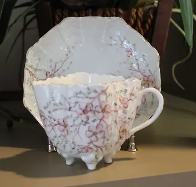 Vintage Mustache Tea Cup Mug & Saucer Four Footed Flowers  - Victorian Era • $60