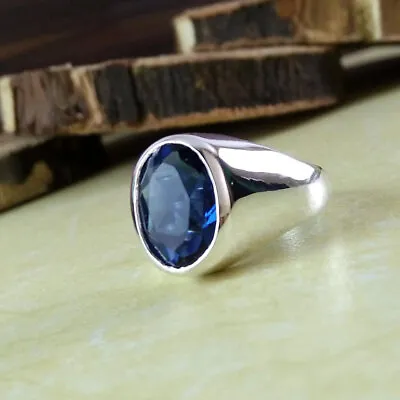 Solid 925 Sterling Silver Blue Sapphire Zircon Gemstone Anniversary Men's Ring • $42.31