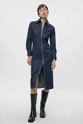 Zara ZW Collection Cotton Denim Zip Up Shirt Dress Size S (UK 8) Blue Bnwt • £29.99