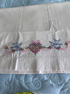 Pair Vintage Embroidered Pillowcases Hand Embroidered Wedding Pink And Blue • $5