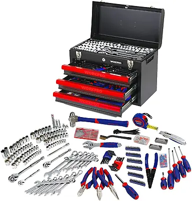 WORKPRO 408-Piece Mechanics Tool Set With 3-Drawer Heavy Duty Metal Box (W009044 • $649.95