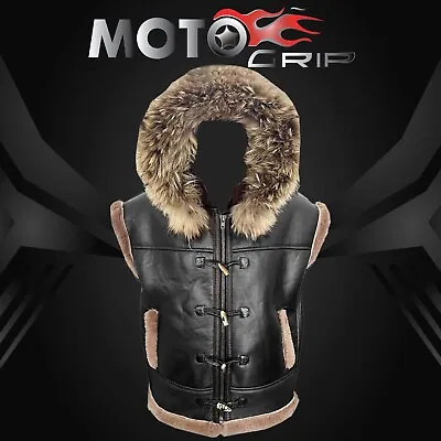 Men's Aviator Flying Pilot Shearling Sheepskin Black Leather Bomber Hooded Vest • $117