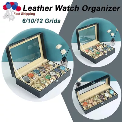 6/10/12 Grids Leather Watch Box Organizer Case Jewelry Display Storage Showcase • $18.95