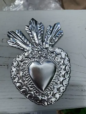 Heart Flower Milagro Mexican Handmade Unpainted Tin Ornament 6x4 3 For$23 M16 • $8.99