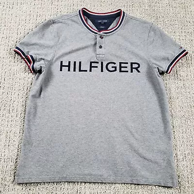 TOMMY HILFIGER Shirt Mens Small Gray Henley 90s Y2k Spell Out Logo Short Sleeve • $5