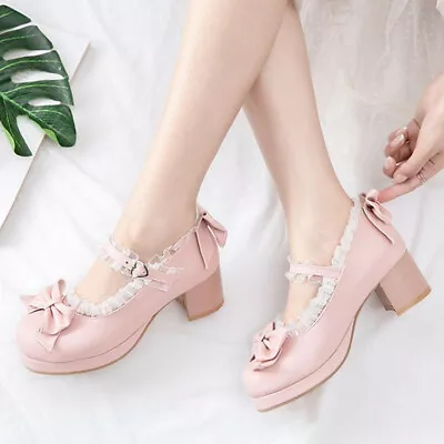 Women's Lolita Shoes T-Strap Lace Block Mid Heel Round Toe Bow Mary Janes Shoes • £27.59