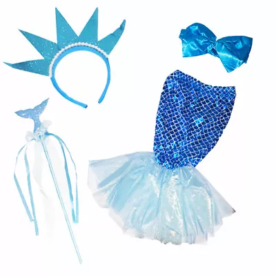 Girls Child Mermaid Fish 4 Piece Skirt Bow Headband Wand Set Fancy Dress Costume • £9.99