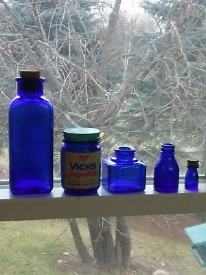 Vtg Cobalt Blue Glass Medicine Bottles VICKS Vaporub Wyeth & Other Lot Of 5 GVC • $22.95