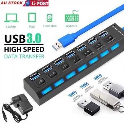 7 Port High Speed Multi USB Hub USB 3.0 With Power Supply Adapter And Switches • $19.85