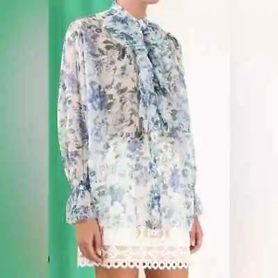 ZIMMERMANN Size 3 / AU 14 / US 12 Moncur Floral Silk Blouse Blue Print • $295