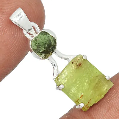 Natural Green Kyanite Rough & Moldavite 925 Silver Pendant YS2 CP24363 • $31.99