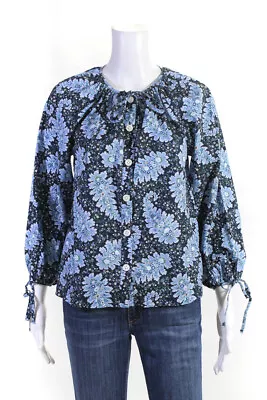 J Crew Collection Womens Button Front Floral Tie Neck Shirt Blue Cotton Size XS • $2.99